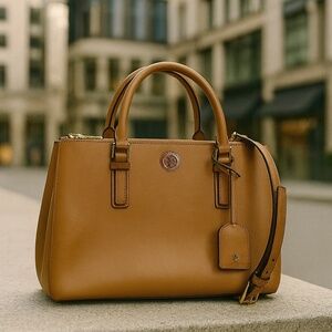 NEW Tory Burch Robinson Mini Double-Zip Tigers Eye Tan Leather Tote Bag/Satchel